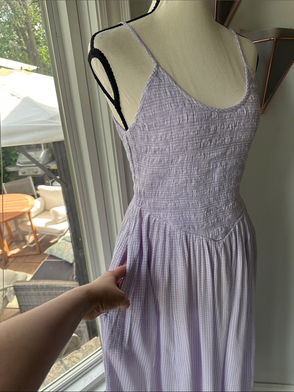 AERIE Lavender White Gingham Smocked Maxi Dress Cottagecore Dropped Waist Small - Picture 4 of 13